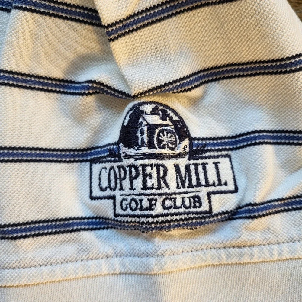 Tommy Hilfiger Golf Mens Large White Navy Striped Mercerized Cotton Polo Shirt